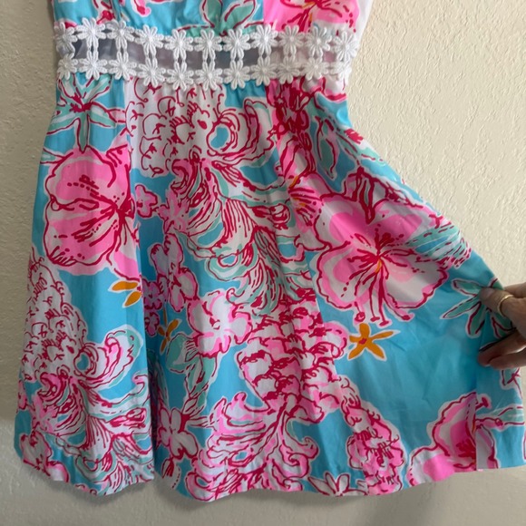 Lilly Pulitzer Blue Pink Floral Flare Dress Spaghetti Straps Crochet Waist Sz 00 - Picture 5 of 12
